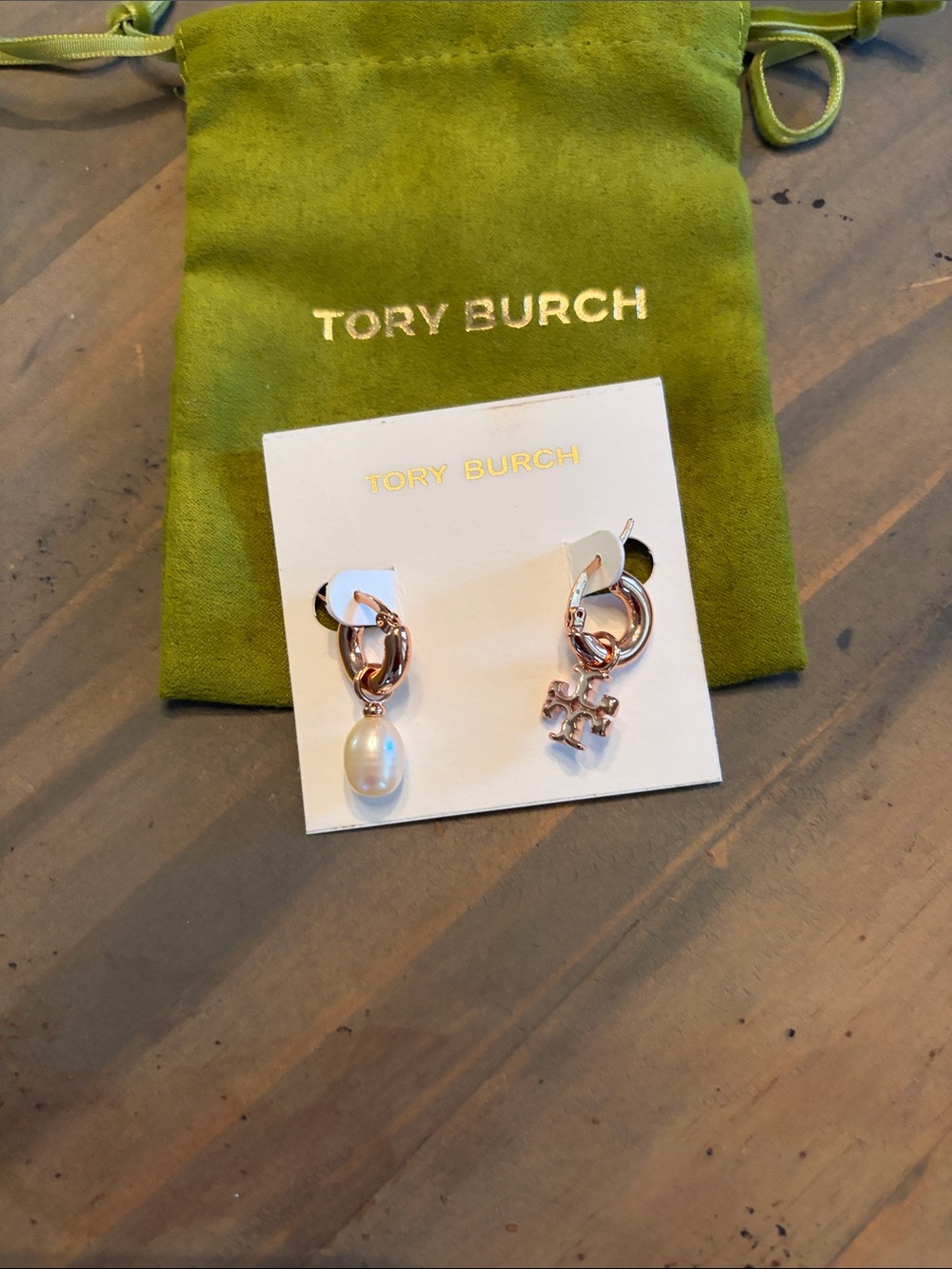 Tory Burch Rose Gold Mismatched Hoop Earrings with Pearl Drop